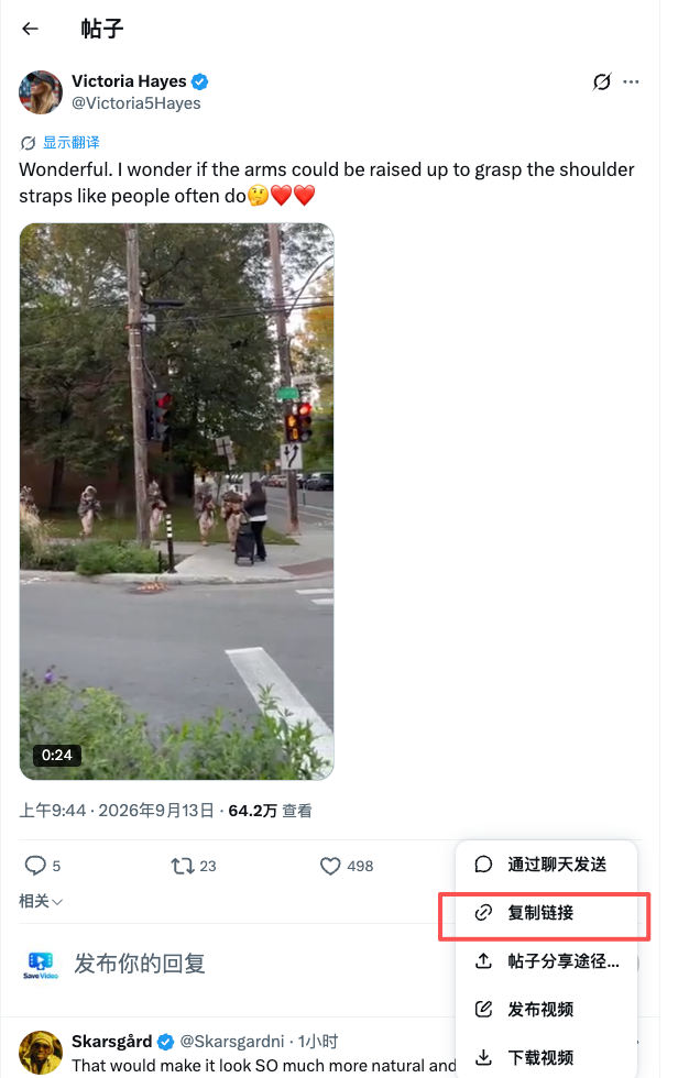 X 分享菜单,复制链接选项用红框标出