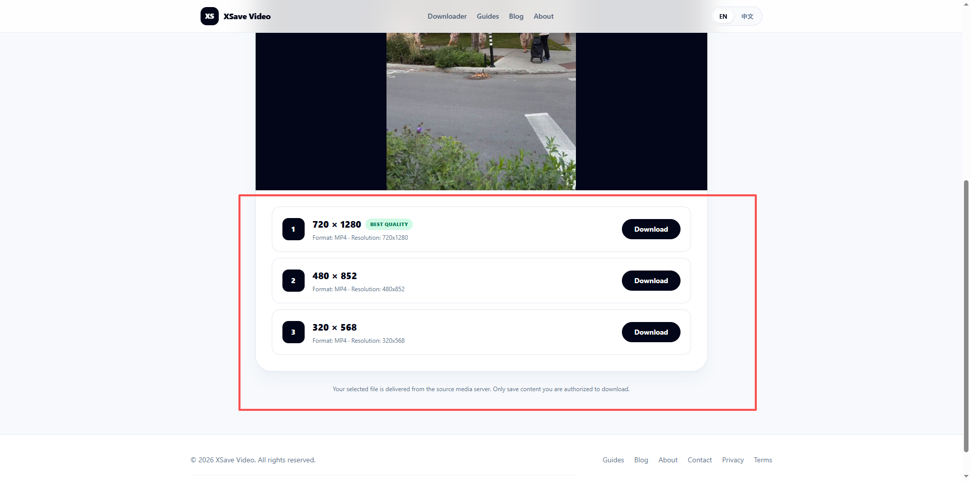 XSave download page with three MP4 resolution options and Download buttons highlighted