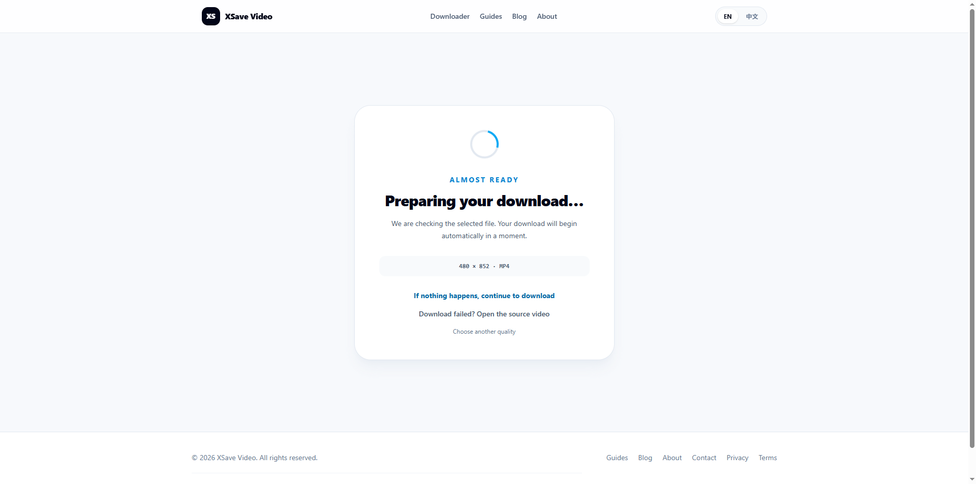 XSave preparation page with Continue to download and Choose another quality links